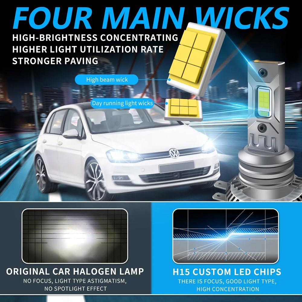 2x H15 LED Tagfahrlicht Set 90W Canbus 6000K Weiß Plug & Play für modernes Tageslicht