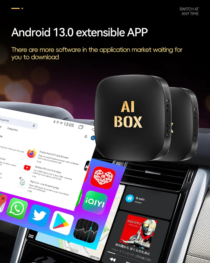 3-in-1 Ai Box Android 13 | Wireless CarPlay & Android Auto Adapter + Native Android | Wi-Fi 6, BT 5.0, Plug-&-Play