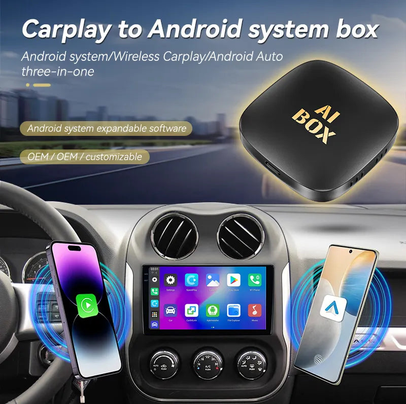 3-in-1 Ai Box Android 13 | Wireless CarPlay & Android Auto Adapter + Native Android | Wi-Fi 6, BT 5.0, Plug-&-Play