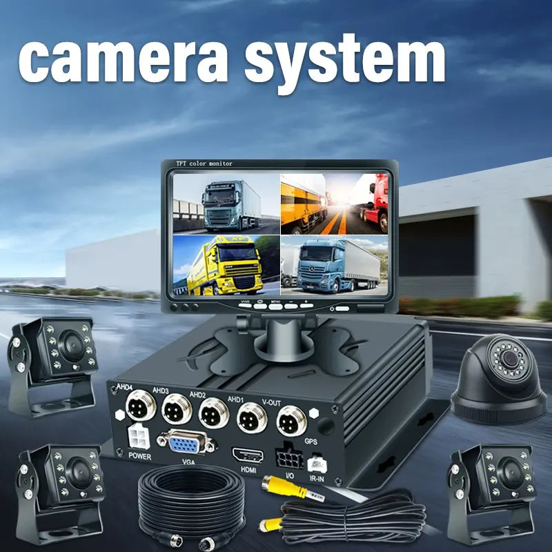 4-kanaals MDVR Set ST301A | 7 ″ OLED Quad Monitor & 4 × AHD -camera | Night Vision, WDR, waterdichte IP67-Fleet DVR voor vrachtwagens, bus en schoolbus